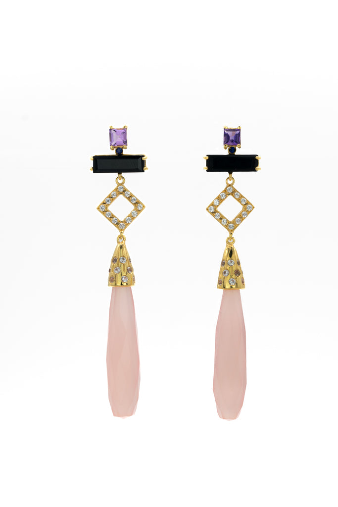 Pendientes largos estilo art déco con lágrima de calcedonia rosa, amatista, ónix y zafiros naturales