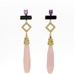 Pendientes largos estilo art déco con lágrima de calcedonia rosa, amatista, ónix y zafiros naturales
