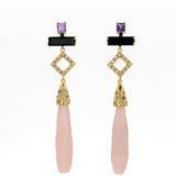 Pendientes largos estilo art déco con lágrima de calcedonia rosa, amatista, ónix y zafiros naturales